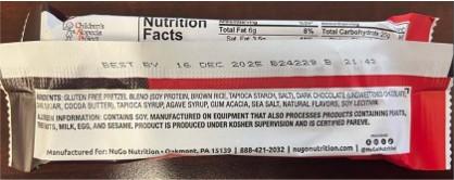 Back label NuGo Dark Chocolate Pretzel with Sea Salt Nutrition Bar