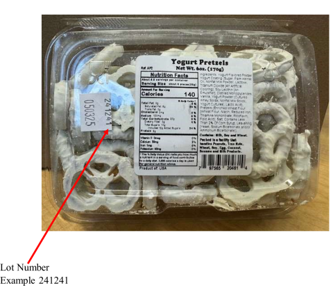 Image of bottom coding, First Street yogurt pretzels, 6 oz