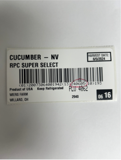 Image of cucumber sticker label, harvest date 6/6/2024