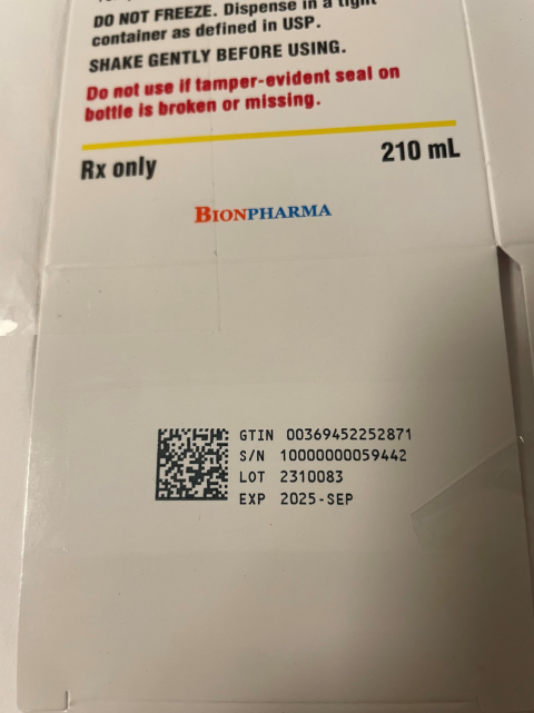 Back of package, BionPharma Atovaquone Oral Suspension