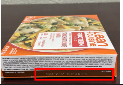 “Side Label showing where to find the batch number and best before date”