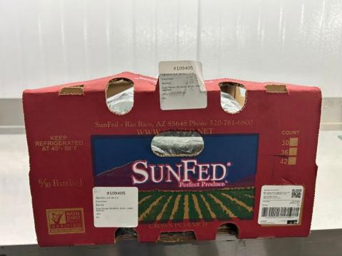 “Image of side one label of bulk cucumber SunFed cardboard box”