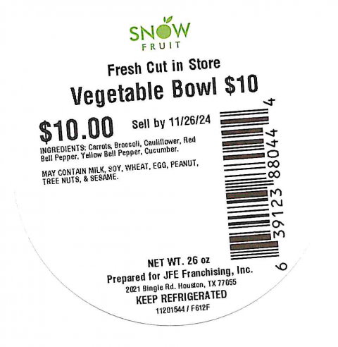 Snowfruit Fresh Cut in Store 26oz Vegetable Bowl $10 Sell By 11/26/24