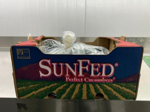 “Image of side two label of bulk cucumber SunFed cardboard box”