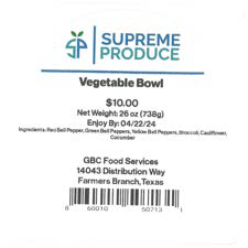 Vegetable Bowl $10 26 oz, UPC 860010507131