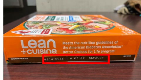 “Side Label showing where to find the batch number and best before date”