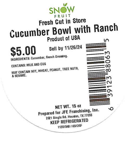 Snowfruit Fresh Cut in Store 15oz Cucumber Bowl with Ranch Sell By 11/26/24