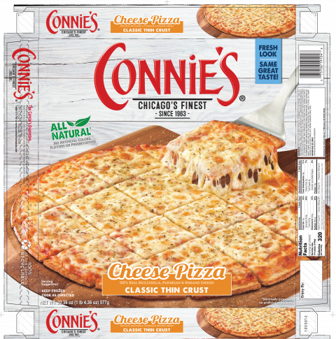 Box label, Connie’s Thin Crust Cheese Frozen Pizza