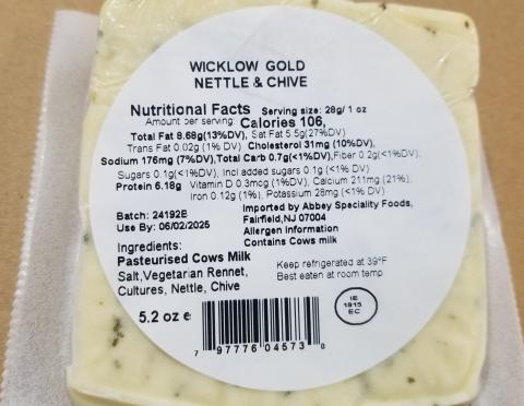 Back of package, Wicklow Gold Cheddar Nettle & Chive