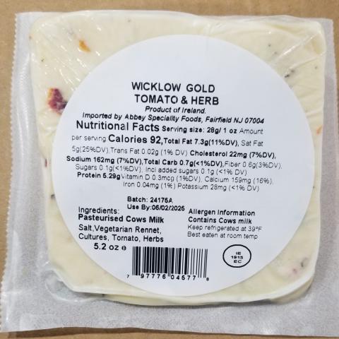 Back of package, Wicklow Gold Cheddar Tomato & Herb