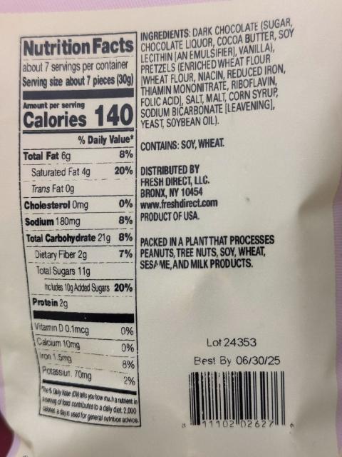 Image 3 – Labeling, Nutrition Information, Just Fresh Direct, Dark Chocolate Covered Pretzels