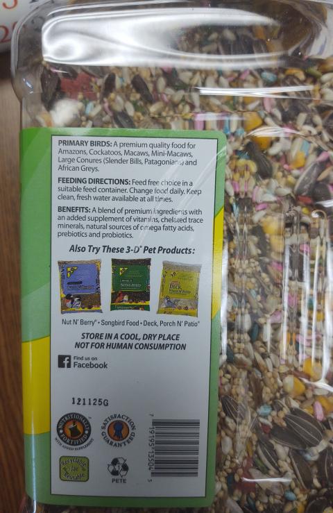 Urgent Voluntary Recall of D D Commodities Ltd. 3 D Pet Products Premium Parrot Food Due to Potential Salmonella Contamination FDA