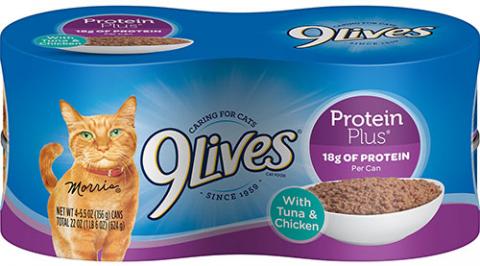 9Lives® Protein Plus® With Tuna & Chicken, UPC 7910021549, 4 pack of cans, 5.5 oz. each