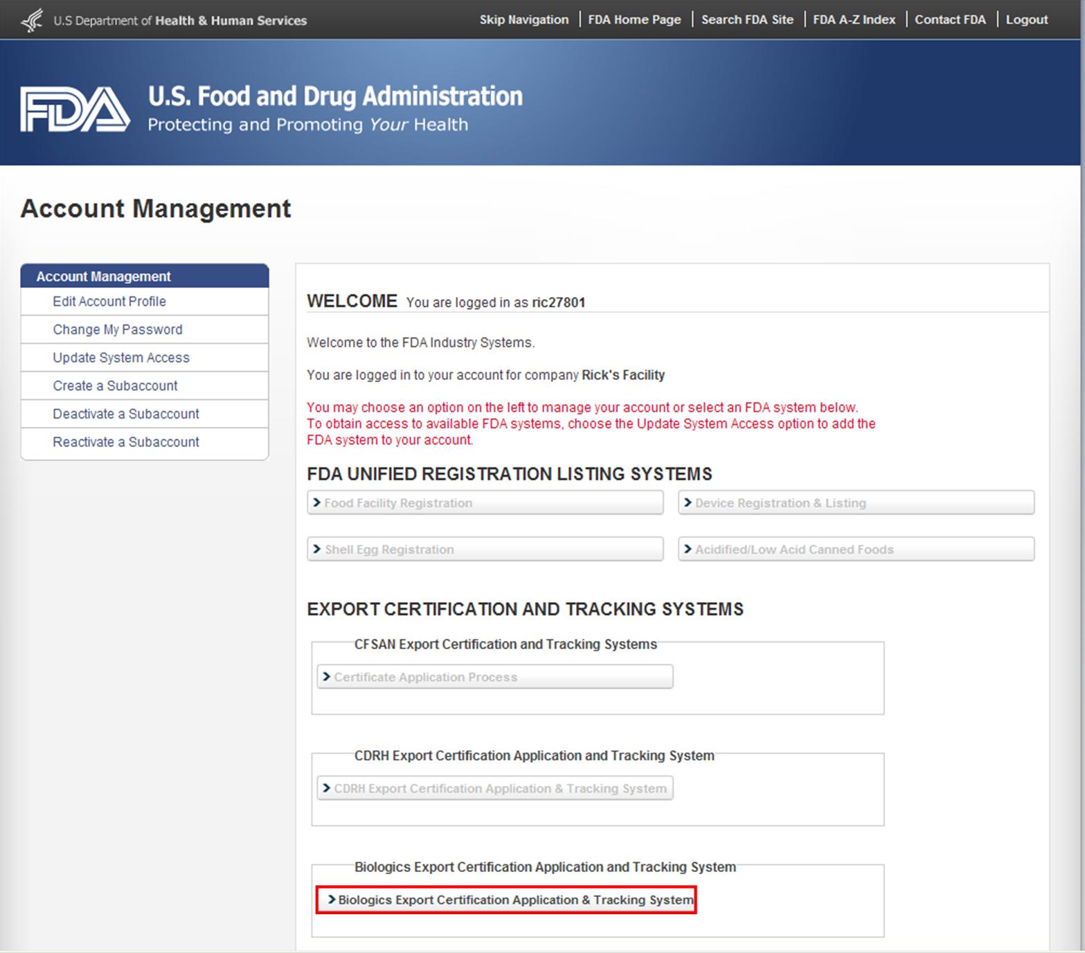 Page des Systèmes industriels de la FDA